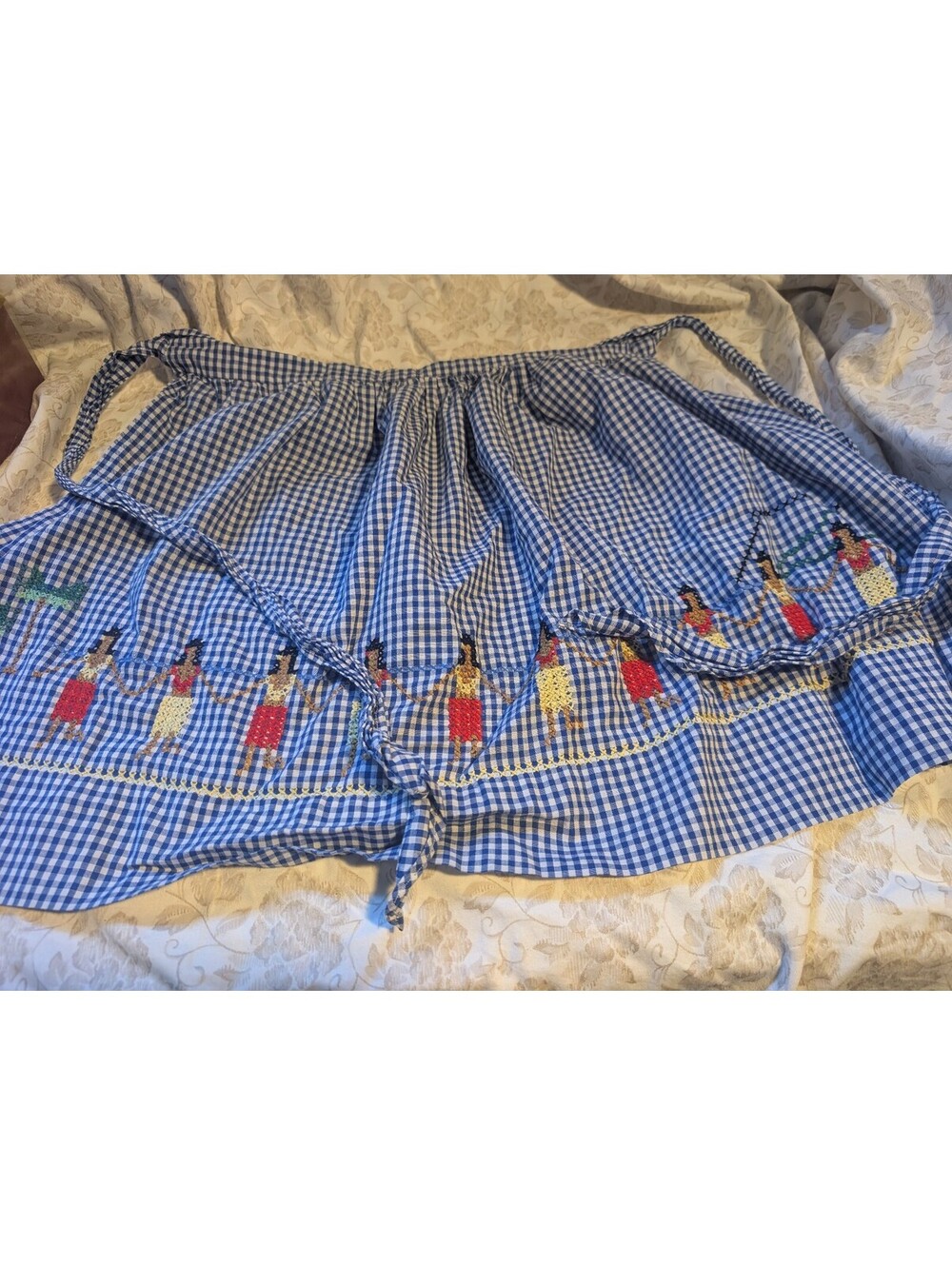 Vintage Blue Gingham Work Apron with Embroidered Hula DancersDesign